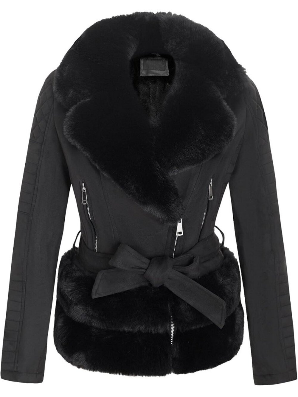 Womens Black Polyester Faux Motorcycle Stylish Removable Fur Collar Jacket
